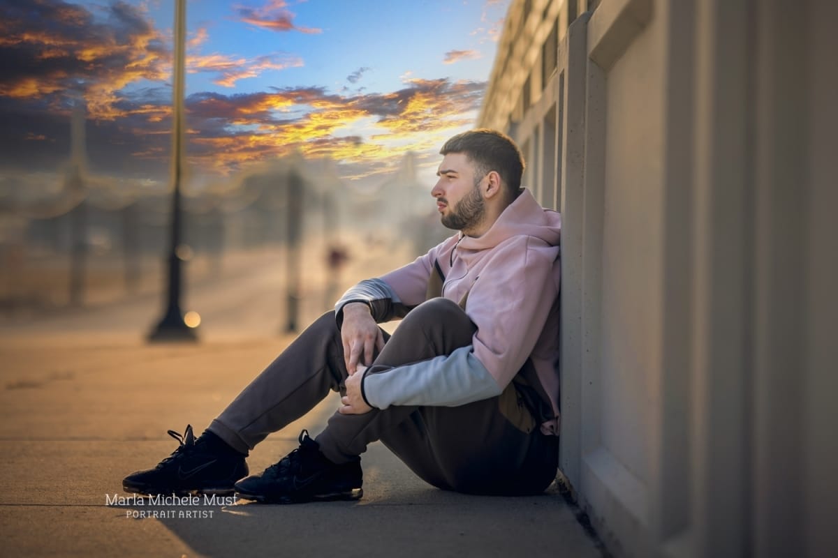 contemplative senior photo looking into distance with blurred background