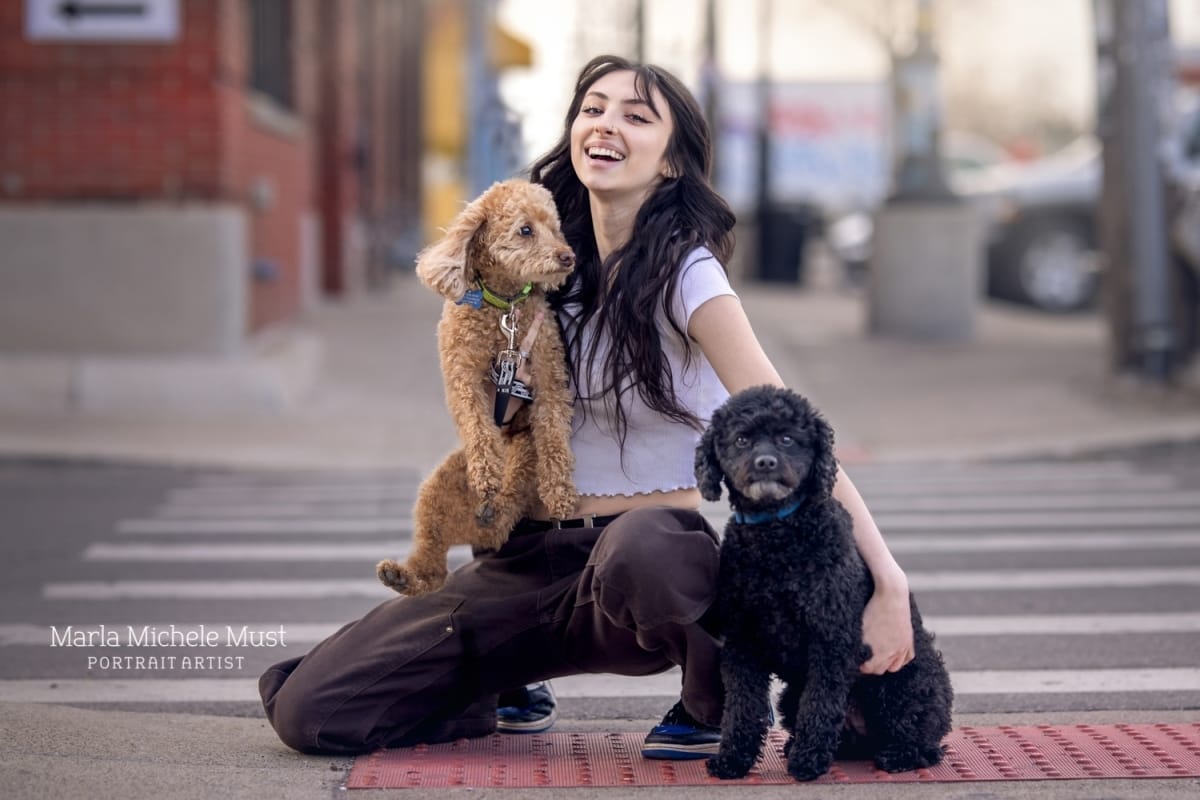 downtown Detroit senior picture with dogs