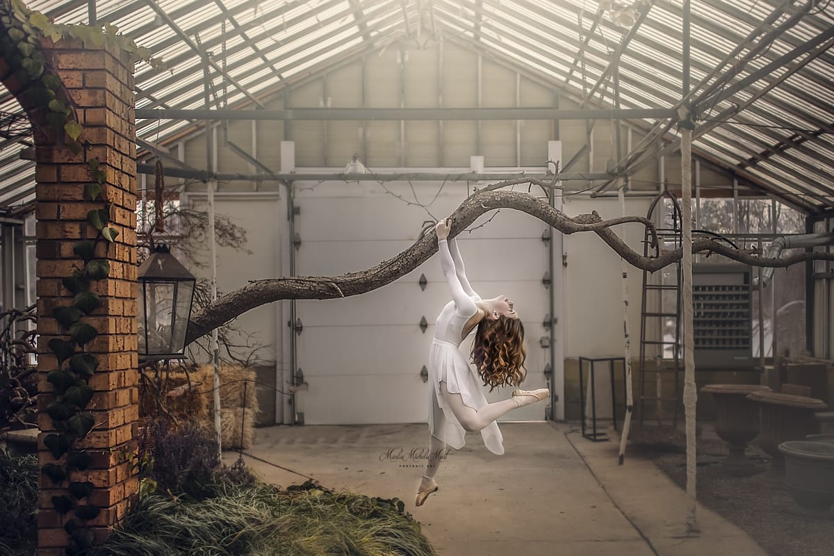 Dancer gracefully holds onto a large branch while wearing an ethereal white dress in this captivating image from a dancer photoshoot with a talented Detroit photographer in a Michigan flower nursery.