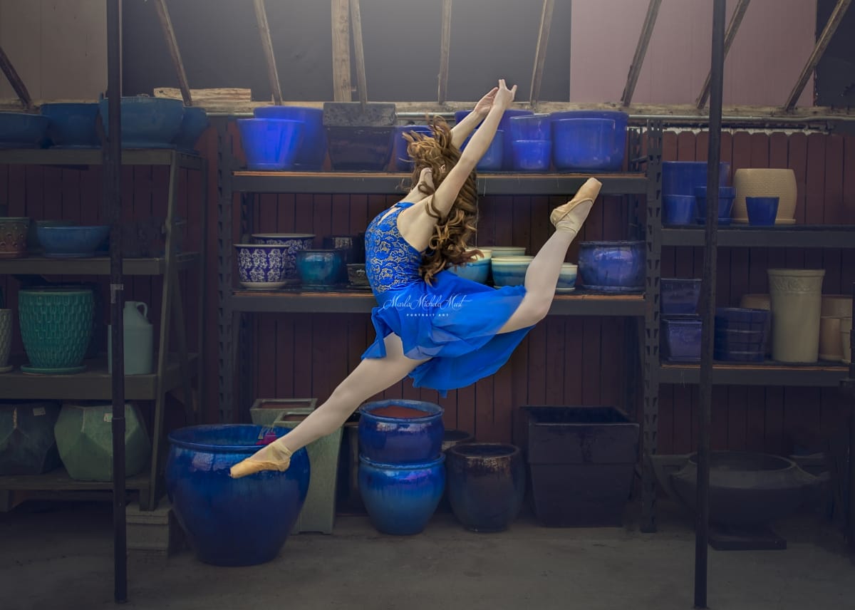 Impeccable technique showcased in a stunning portrait of a dancer wearing a vibrant blue dress in mid-air, taken by a talented Detroit photographer.