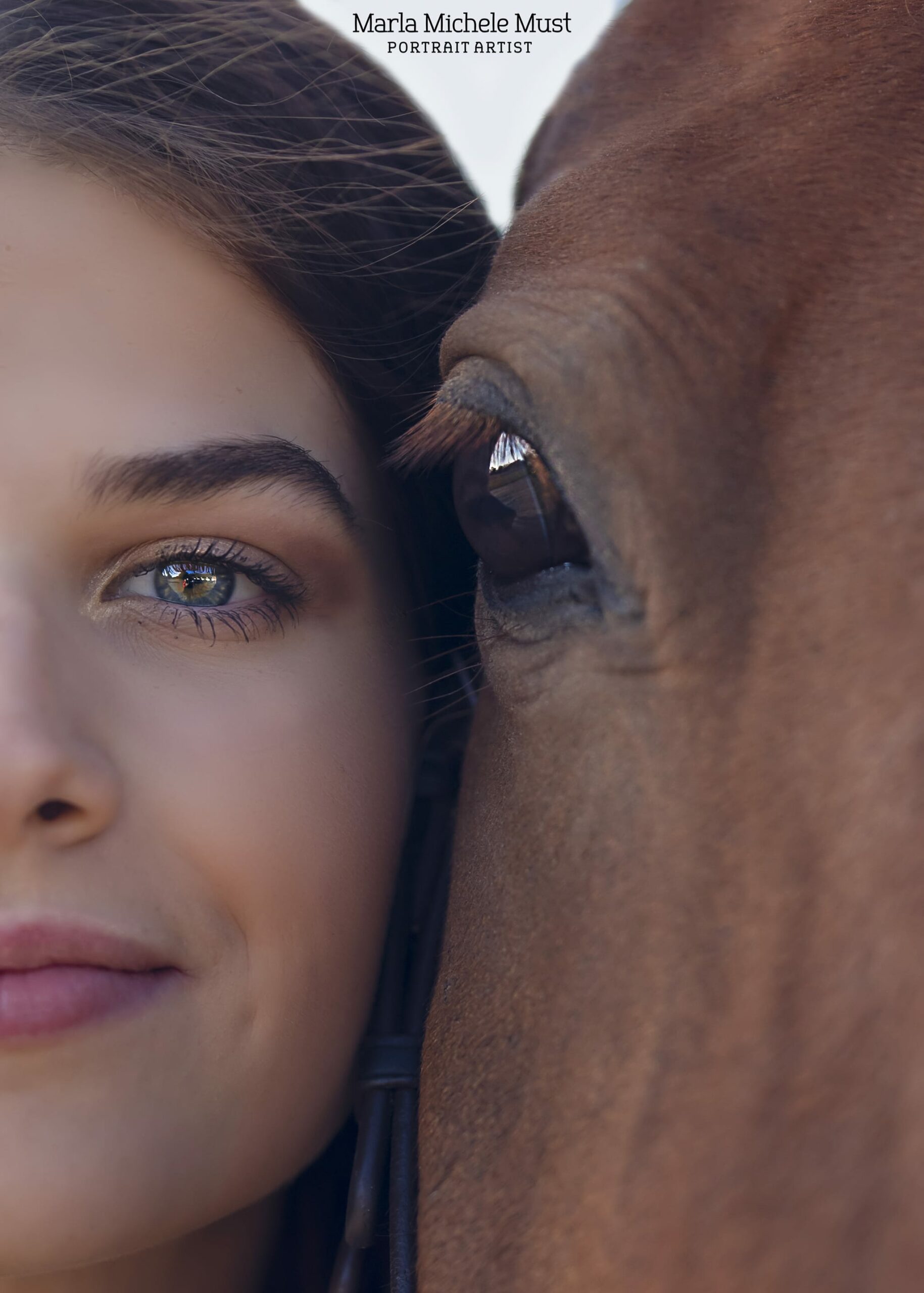 Detroit equine photographer's capture: Horse owner's intimate connection captured in a close-up portrait of a woman and her horse as she smiles to the camera, only hers the horse's eye in view.