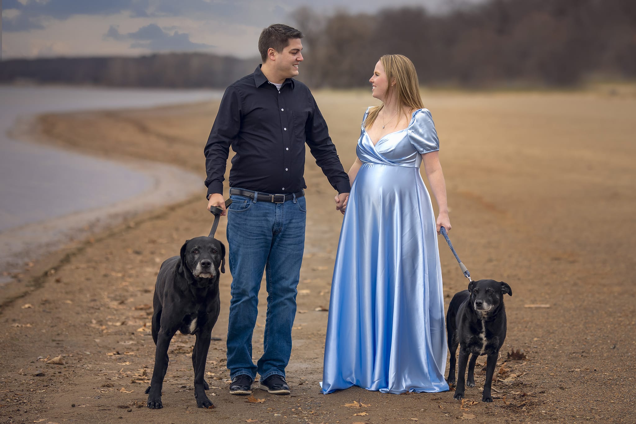 A pregnant woman, her partner, and their two dogs walk along a Michigan beach for a maternity photoshoot; a moment captured by a skilled maternity photographer.