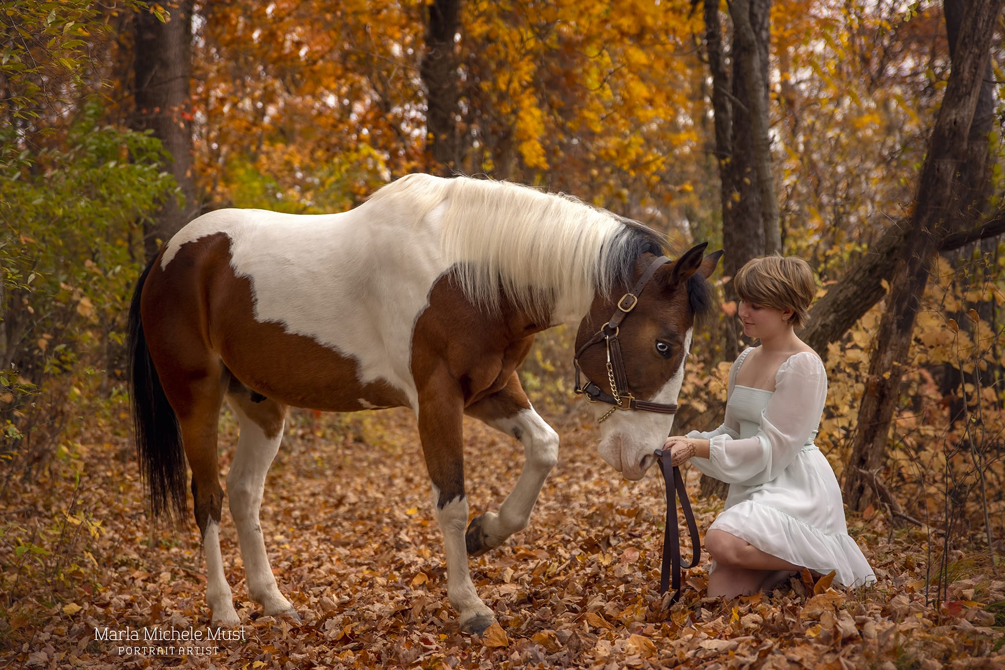 A serene photograph captured by a Detroit equine photographer unfolds as a woman sits among the fallen leaves, accompanied by a graceful horse.