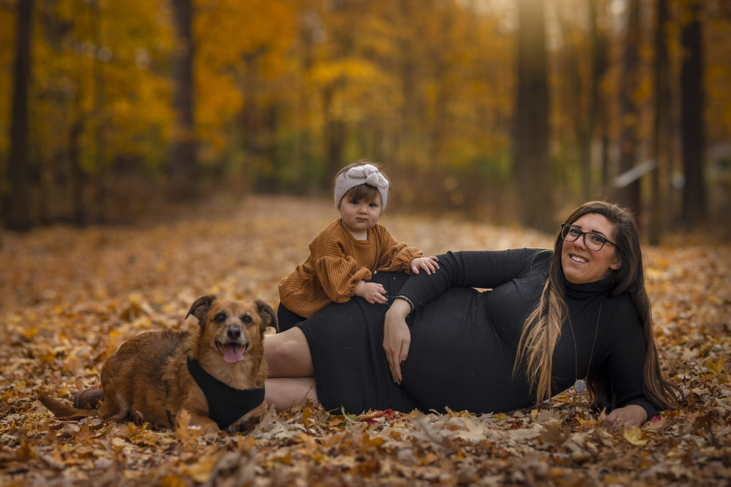 Expecting mother lays on a bed of leaves in a forest with her child and dog for a maternity photoshoot in Detroit